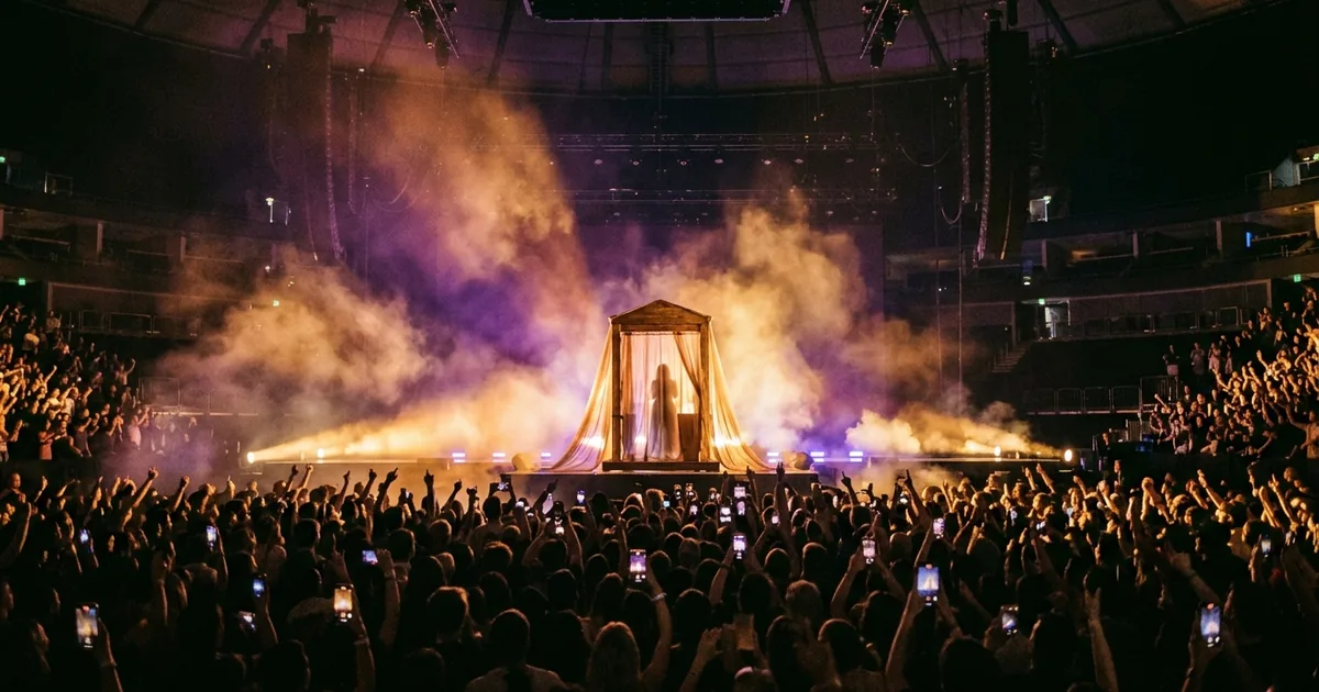 Concert stage with confessional booth structure surrounded by purple and gold lights and a massive cheering crowd
