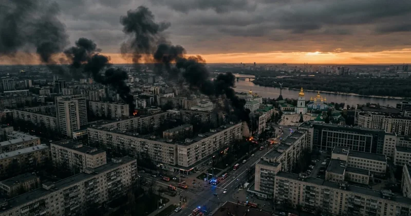 Aerial view of Kyiv skyline at dawn with multiple plumes of smoke rising from residential apartment buildings after Russian drone and missile attack, emergency vehicles on streets below