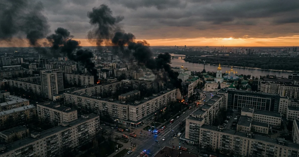 Aerial view of Kyiv skyline at dawn with multiple plumes of smoke rising from residential apartment buildings after Russian drone and missile attack, emergency vehicles on streets below