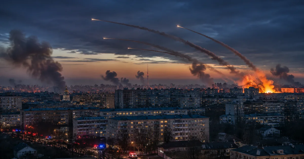 Kyiv skyline at dawn with multiple missile vapor trails and explosions illuminating residential buildings, emergency vehicle lights visible below