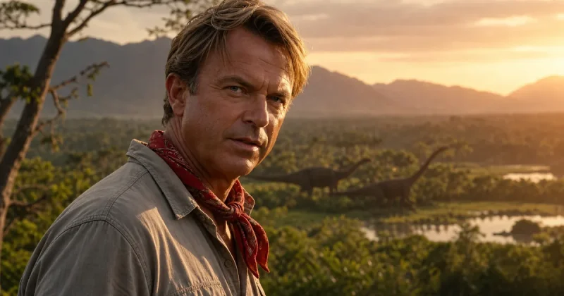 Cinematic editorial portrait of Sam Neill as Dr. Alan Grant in khaki field shirt at golden hour