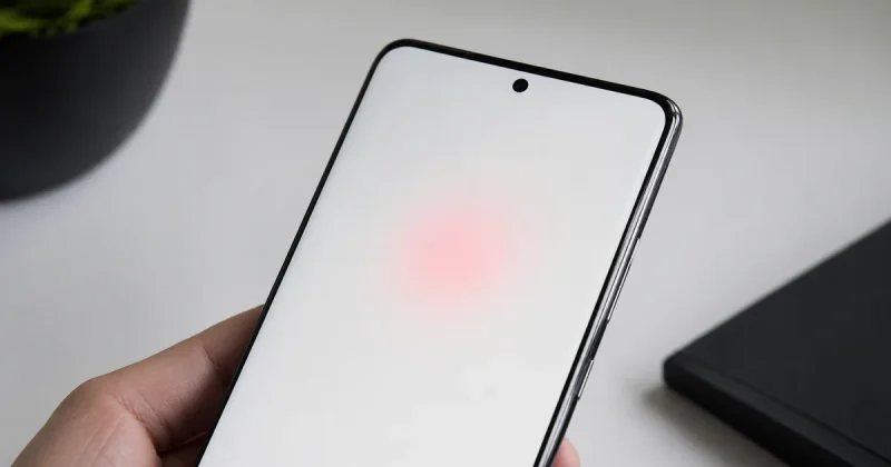 Smartphone screen showing subtle red tint defect in center against white background