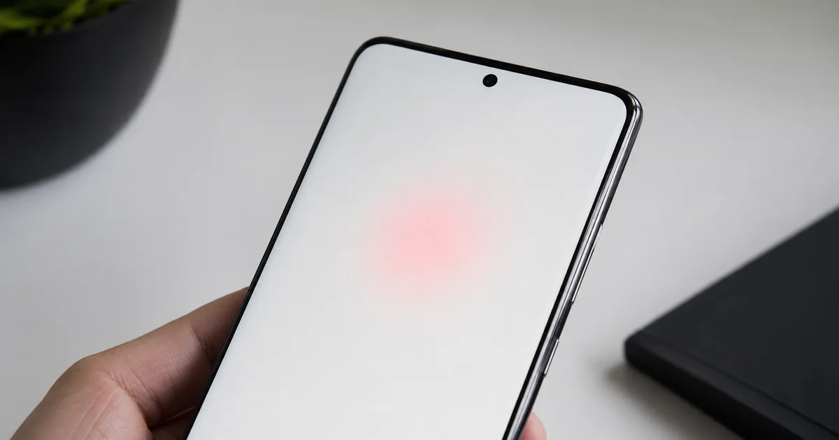 Smartphone screen showing subtle red tint defect in center against white background