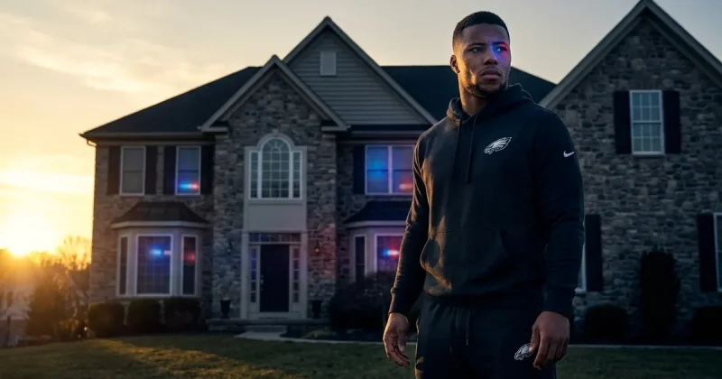 Saquon Barkley in Eagles gear standing outside a suburban Pennsylvania home at dawn with police light reflections in windows