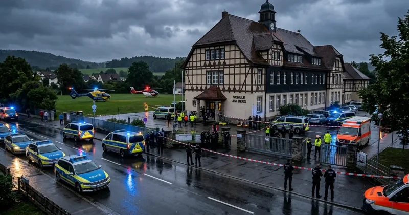 Police vehicles with blue lights and emergency helicopters outside a Bavarian school building cordoned off with emergency tape