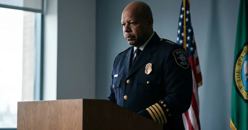 Seattle Police Chief Shon Barnes in dress uniform standing behind a lectern with his head lowered, American and Washington State flags behind him