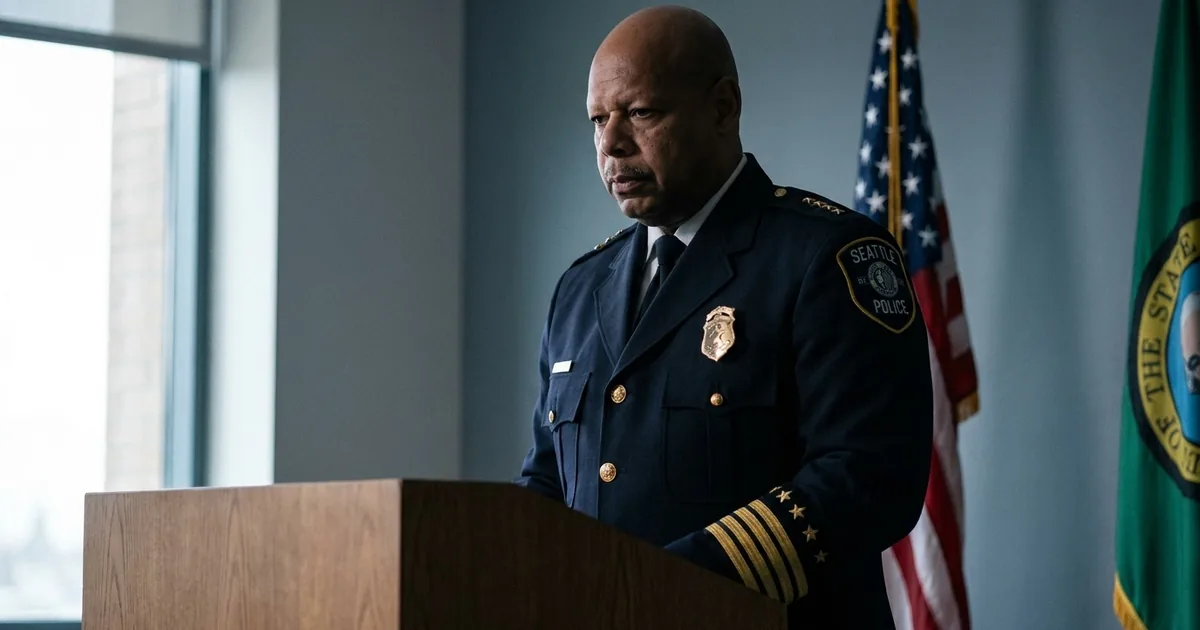 Seattle Police Chief Shon Barnes in dress uniform standing behind a lectern with his head lowered, American and Washington State flags behind him