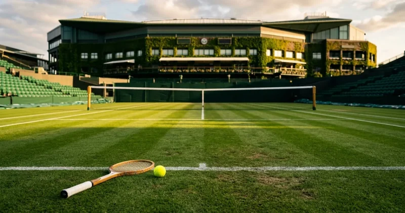 An empty grass tennis court at Wimbledon Centre Court with a tennis racket and ball resting on the grass at golden hour