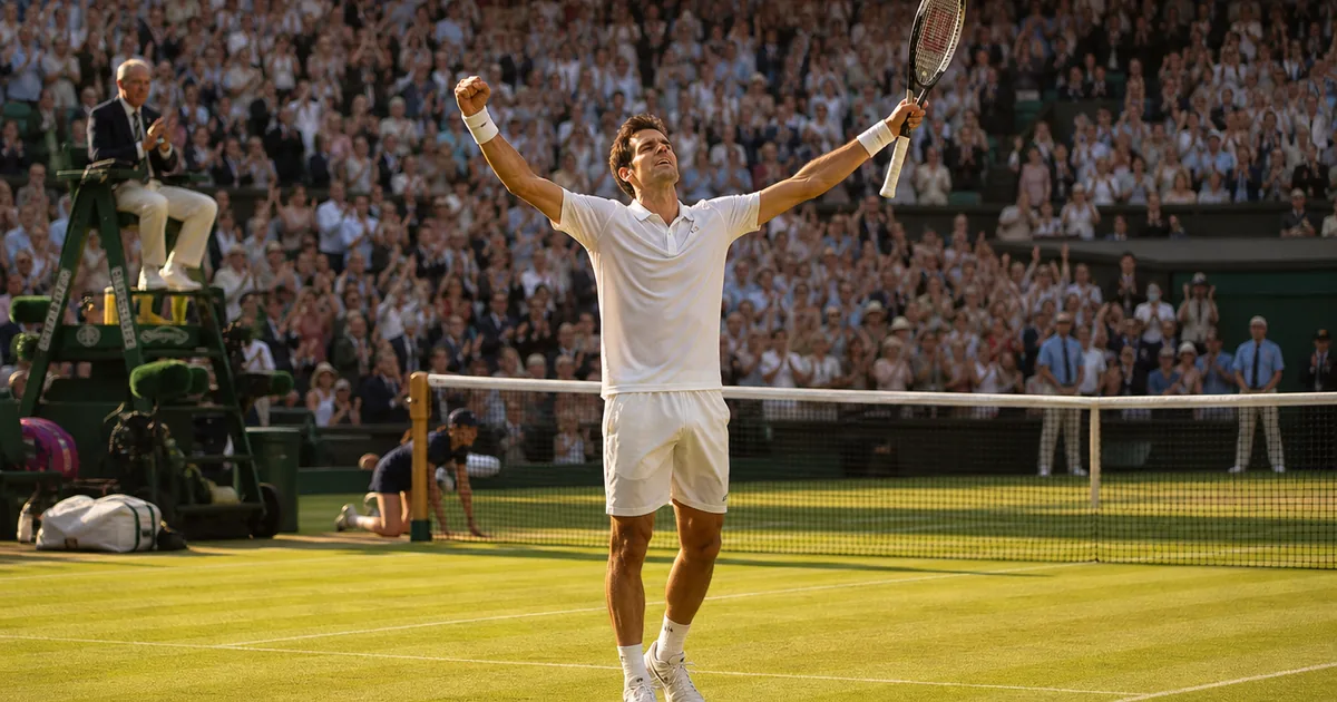 Tennis player celebrating victory on grass court at Wimbledon with arms raised