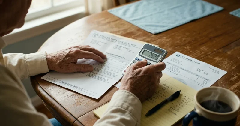 Weathered hands at a kitchen table holding a calculator beside a Social Security Administration benefits statement, a utility bill and a handwritten notepad