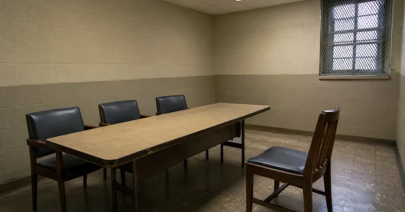 An empty institutional parole hearing room with a long table and three vacant chairs facing a single empty chair under fluorescent light