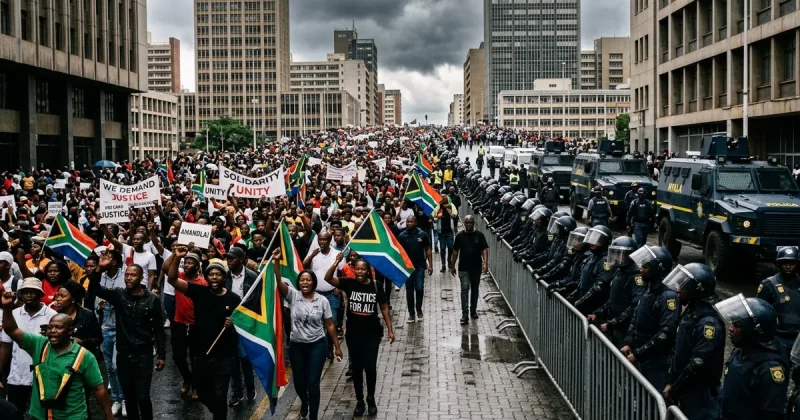 Thousands of protesters march through a South African city as riot police line the route during nationwide anti-migrant demonstrations