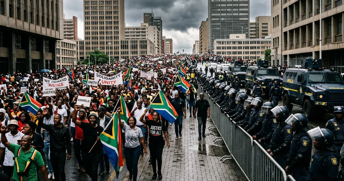 Thousands of protesters march through a South African city as riot police line the route during nationwide anti-migrant demonstrations