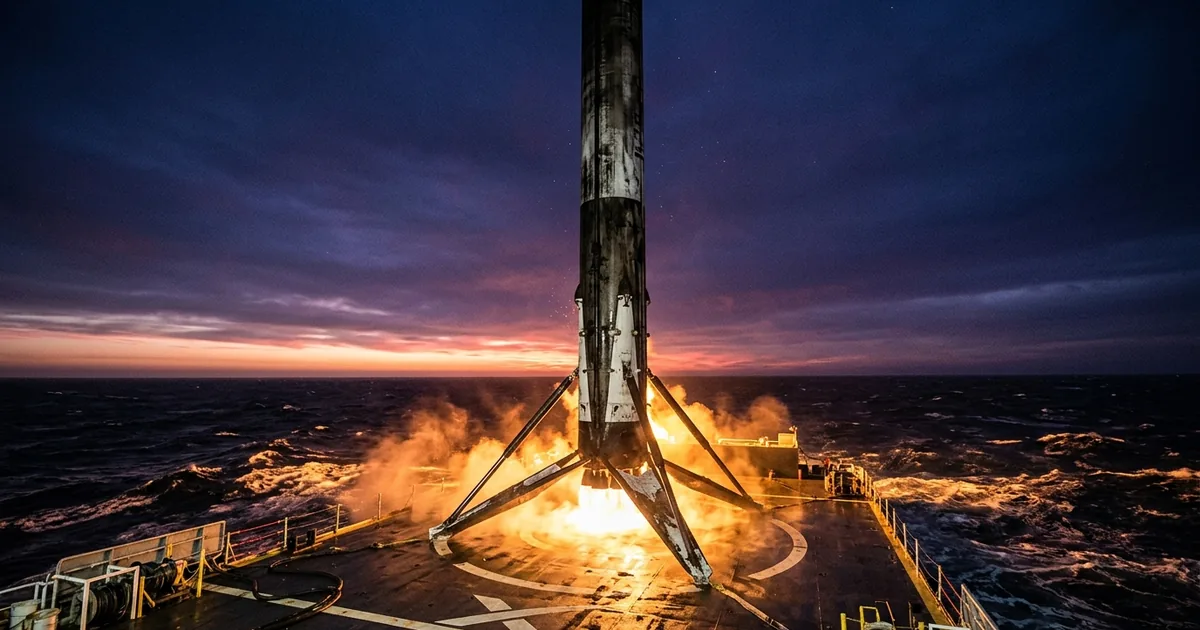 SpaceX Falcon 9 rocket booster touching down on a drone ship at sea at dawn with exhaust flames illuminating the ocean surface