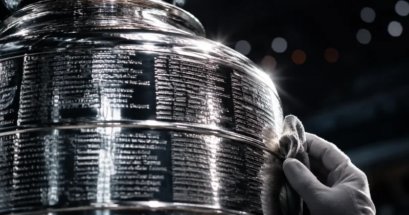 Close-up of a silver championship trophy band with freshly engraved rows of names catching dramatic light, gloved hand polishing at the edge of frame