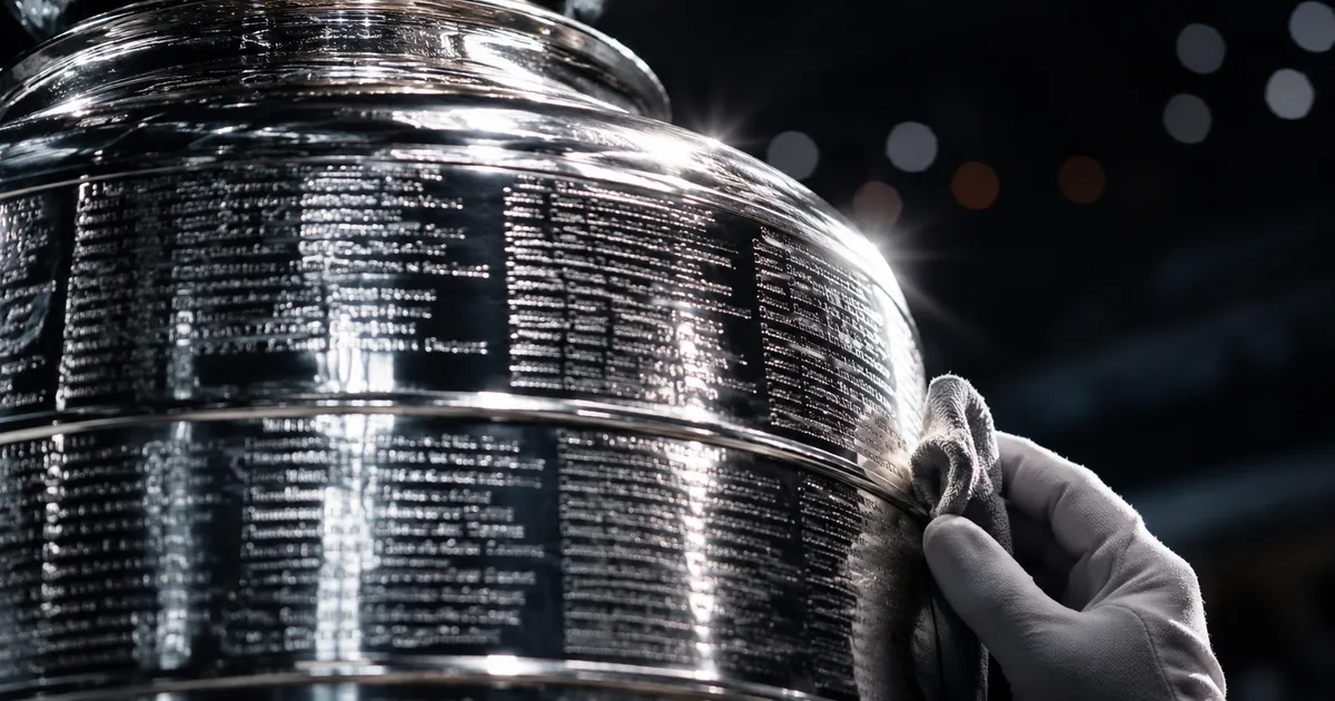 Close-up of a silver championship trophy band with freshly engraved rows of names catching dramatic light, gloved hand polishing at the edge of frame