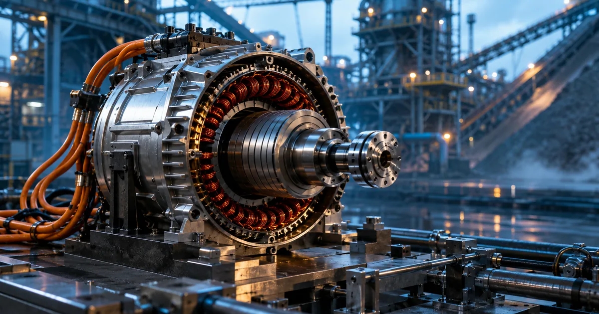 An opened electric vehicle traction motor on a steel dynamometer bench, showing a dense copper-wound stator and a bare laminated rotor with no permanent magnets, with a mineral processing plant lit in the background