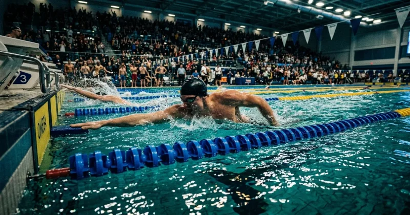 Competitive swimmer powering through the water at a championship swimming pool with lane ropes and arena crowd