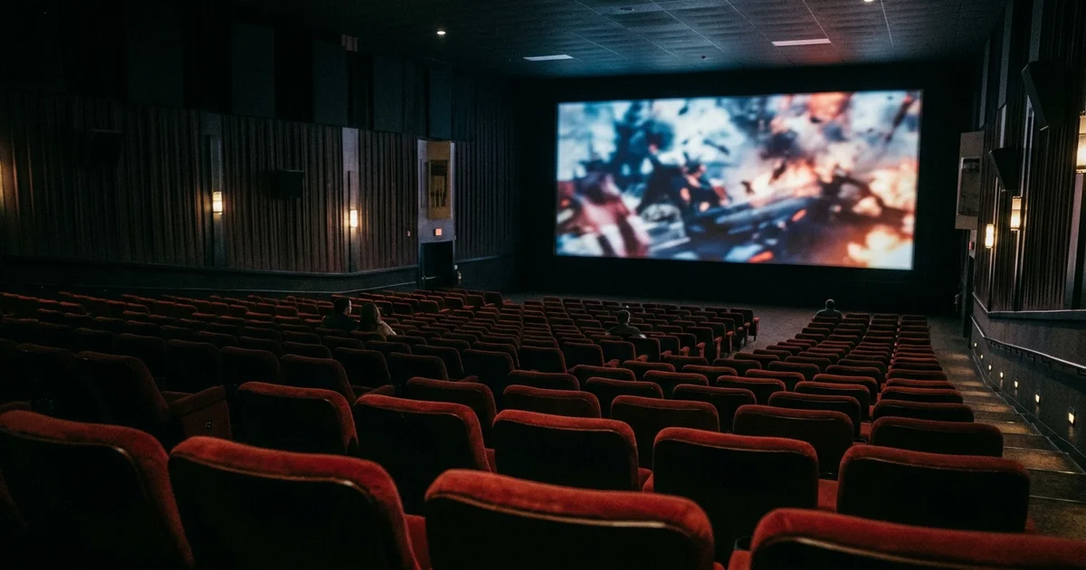 Nearly empty movie theater with red velvet seats and a bright action scene playing on screen