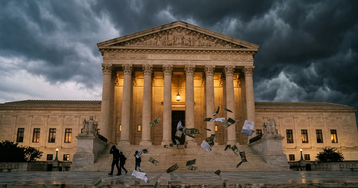 The US Supreme Court building illuminated at dusk with dollar bills and documents caught in the wind on the front steps under stormy skies
