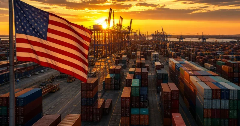 Shipping containers stacked at a US cargo port at sunset with an American flag in the foreground