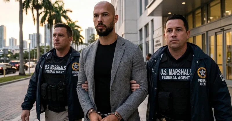 Andrew Tate in handcuffs being escorted by two U.S. Marshals federal agents outside a Miami federal building at dusk