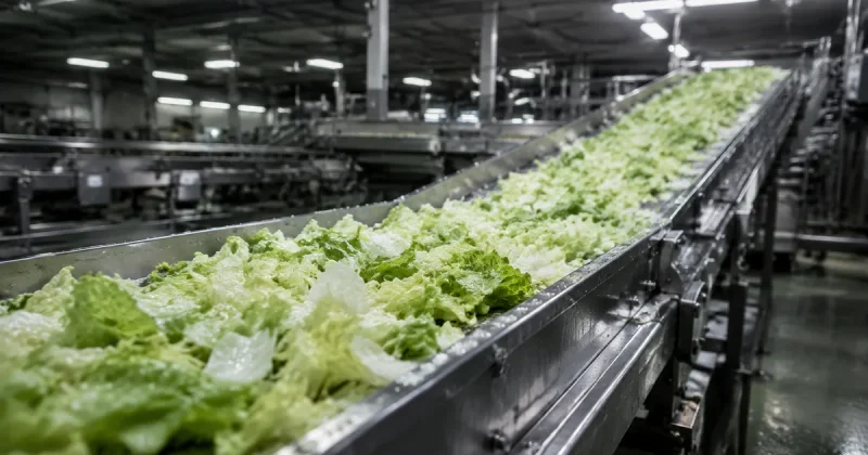 Stainless steel conveyor belts carrying shredded iceberg lettuce through an empty industrial produce processing facility under cold fluorescent light