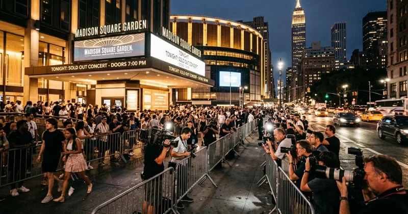 Crowds of photographers and fans gathered behind security barriers outside Madison Square Garden at night