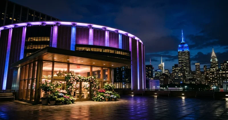 Madison Square Garden lit in purple and blue for the Taylor Swift and Travis Kelce wedding, with floral arrangements and the Empire State Building glowing blue in the background
