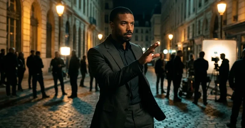 A man in a charcoal suit gestures mid-direction on a wet cobblestone street at night with blurred film crew and lights behind him