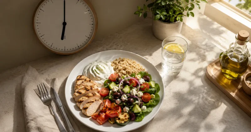 Overhead view of a healthy meal on a kitchen table with a wall clock showing 6 PM in afternoon light