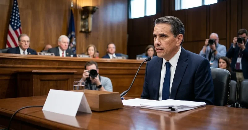 Todd Blanche seated at the witness table speaking into a microphone before a raised dais of U.S. senators at his attorney general confirmation hearing