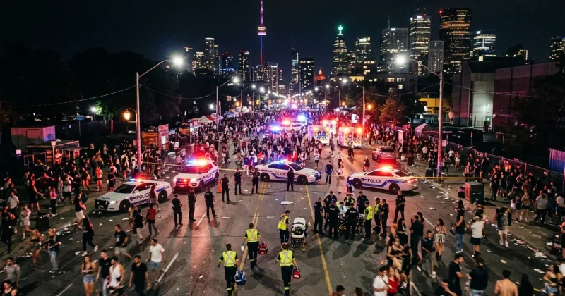 Emergency vehicles and police responding to a shooting at a Toronto street festival at night with CN Tower visible in background