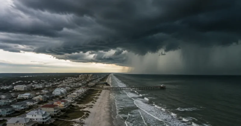 Dark storm clouds rolling over a Gulf Coast beach town with rain bands and choppy waves