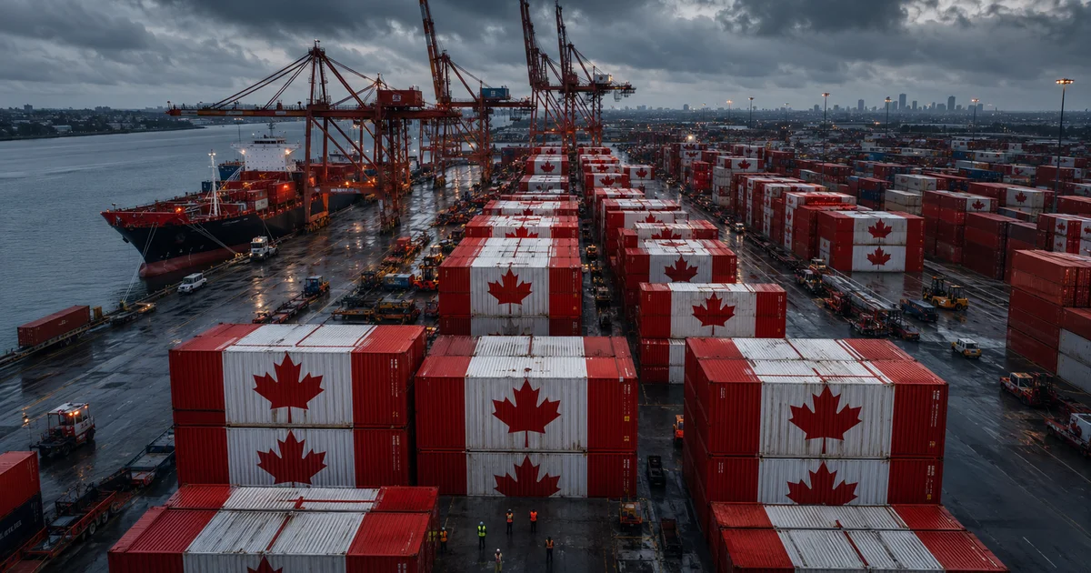 Shipping containers with Canadian maple leaf flags at a cargo port under overcast skies