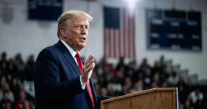 President Donald Trump mid-sentence behind a wooden lectern at an indoor rally, one hand raised, blurred crowd and American flag behind him