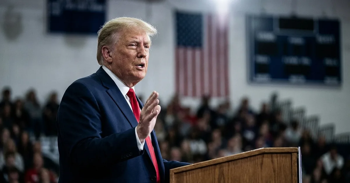 President Donald Trump mid-sentence behind a wooden lectern at an indoor rally, one hand raised, blurred crowd and American flag behind him