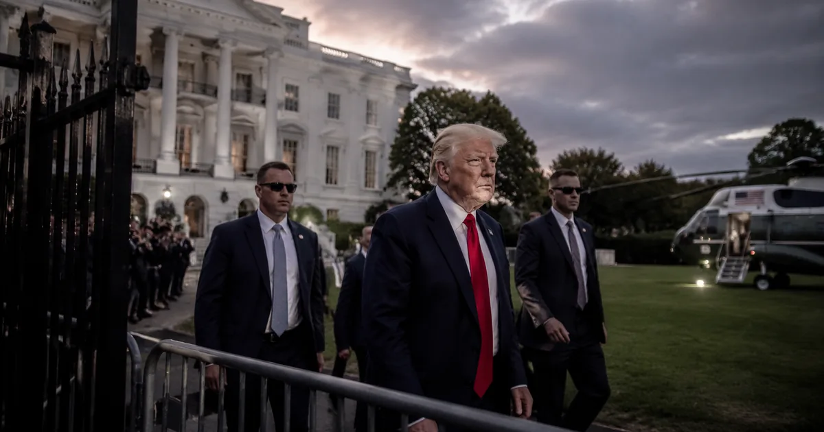 Donald Trump walking across the White House South Lawn at dusk flanked by Secret Service agents, with steel security fencing and crowd barriers in the foreground and Marine One behind