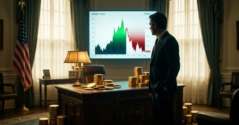 A suited figure stands at a presidential desk piled with gold coins, facing a wall screen showing a crypto price chart spiking green then crashing red
