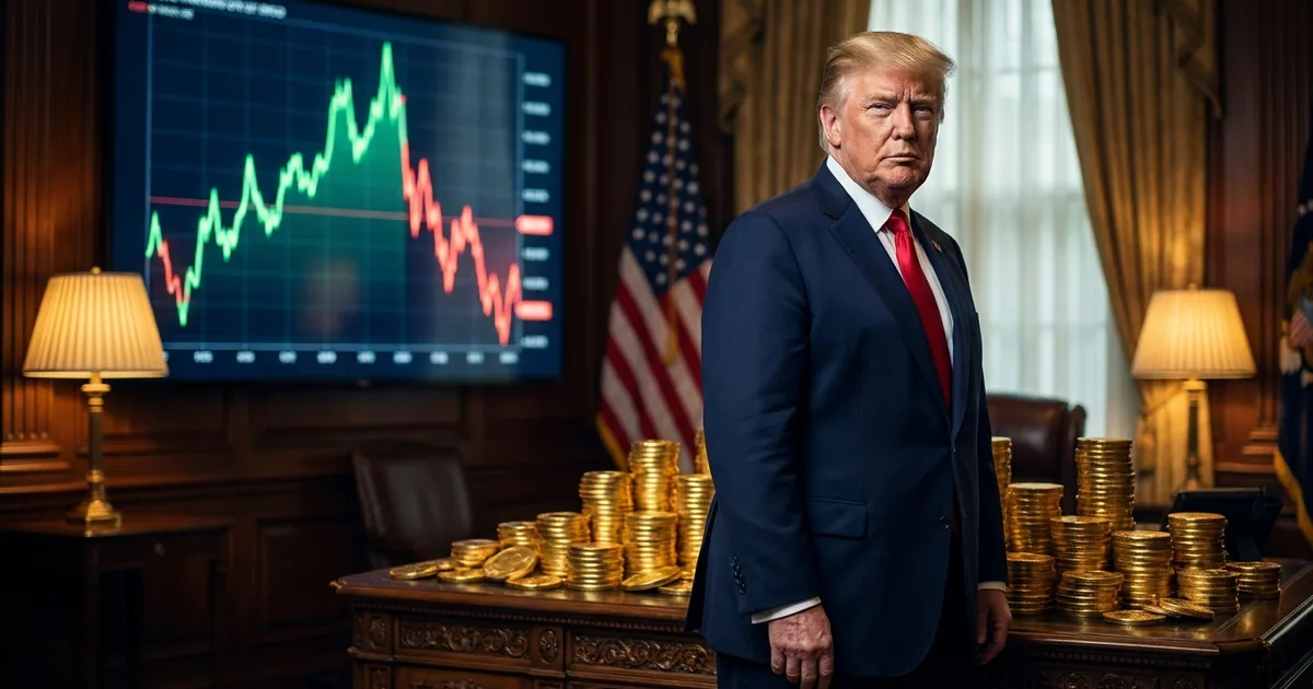 President Donald Trump stands in an Oval Office setting beside a desk piled with gold coins, a wall screen behind him showing a crypto price chart spiking green then crashing red