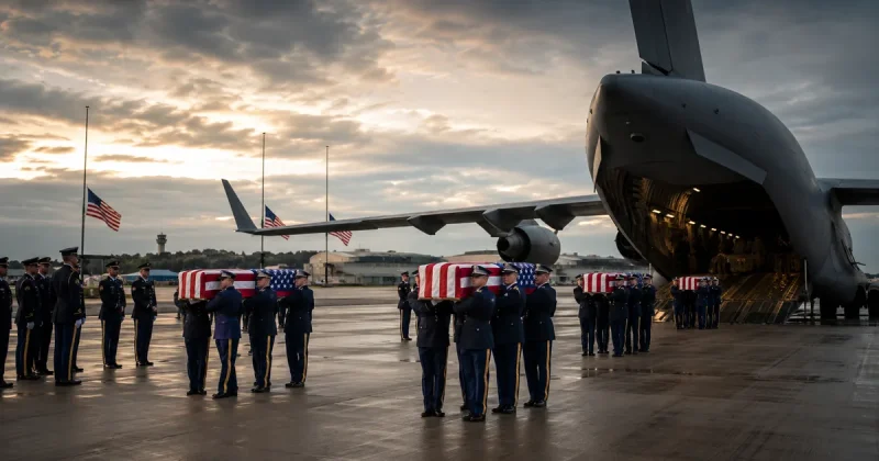 Military honor guard carrying flag-draped transfer cases on the tarmac at Dover Air Force Base at dusk with a C-17 aircraft in the background
