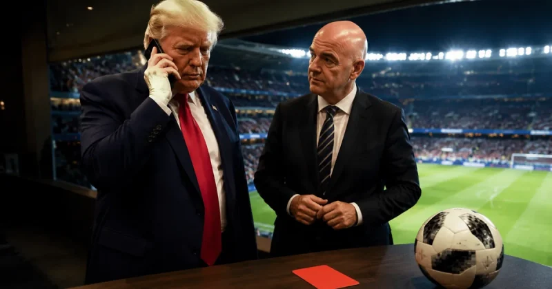 Donald Trump speaks on a mobile phone beside FIFA president Gianni Infantino in a stadium suite, a red card and football on the table overlooking a floodlit pitch
