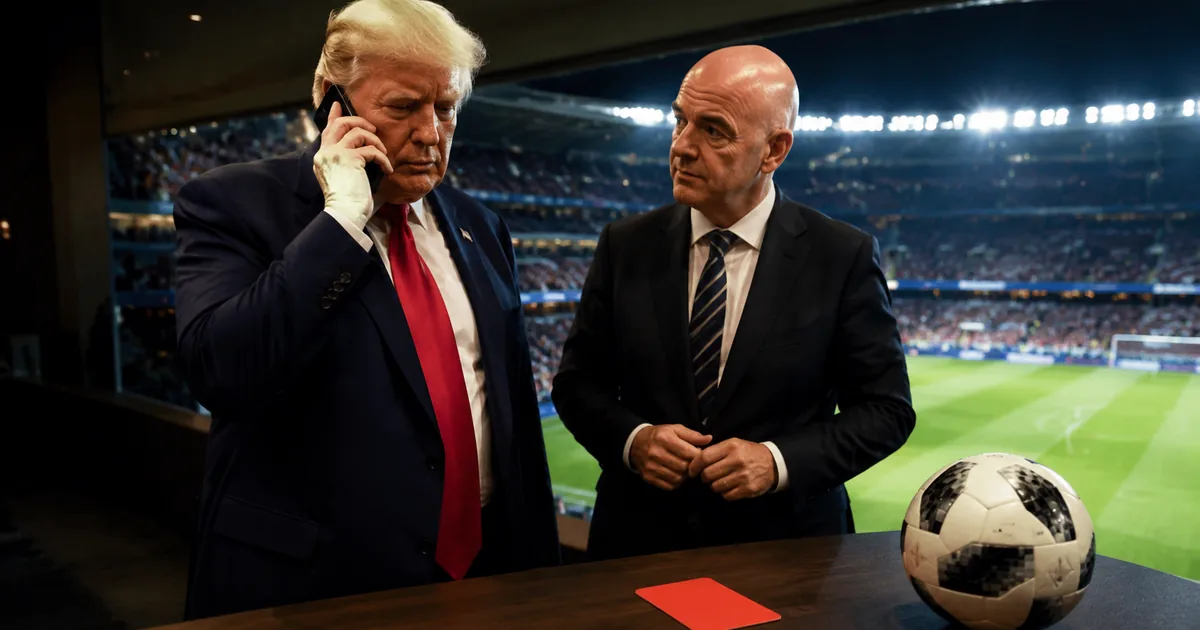 Donald Trump speaks on a mobile phone beside FIFA president Gianni Infantino in a stadium suite, a red card and football on the table overlooking a floodlit pitch