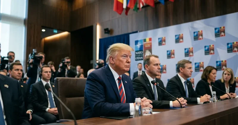 President Donald Trump seated at the NATO summit press conference table in Ankara alongside NATO officials with flags in the background