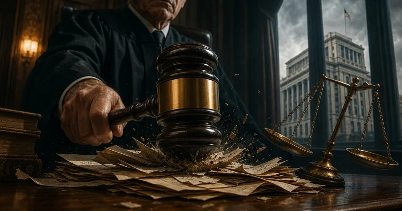 Federal judge gavel striking down on legal documents with scales of justice and IRS building in background