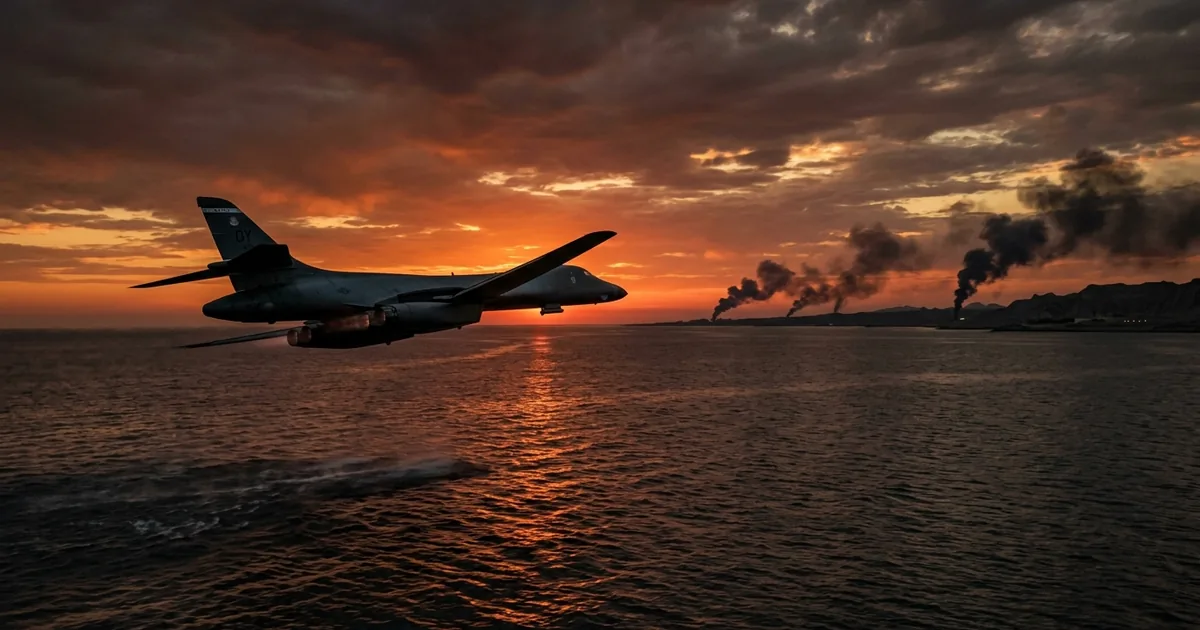 A U.S. Air Force B-1B Lancer bomber flies low over the Persian Gulf at dusk with smoke plumes rising from the Iranian coastline