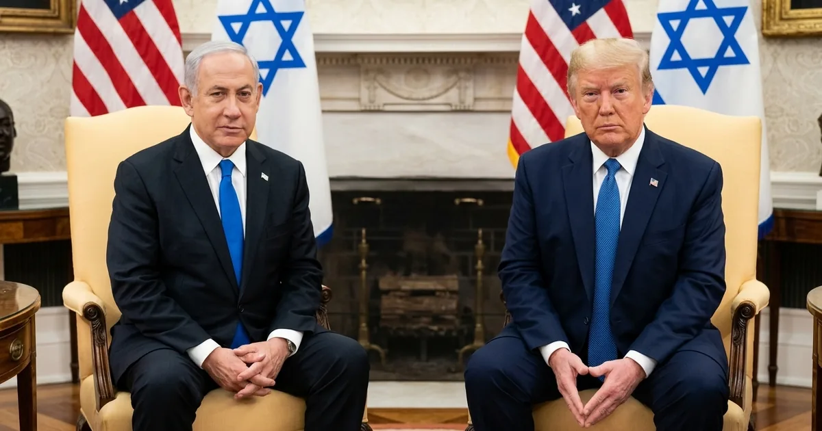 Donald Trump and Benjamin Netanyahu seated in armchairs in the Oval Office with US and Israeli flags behind them