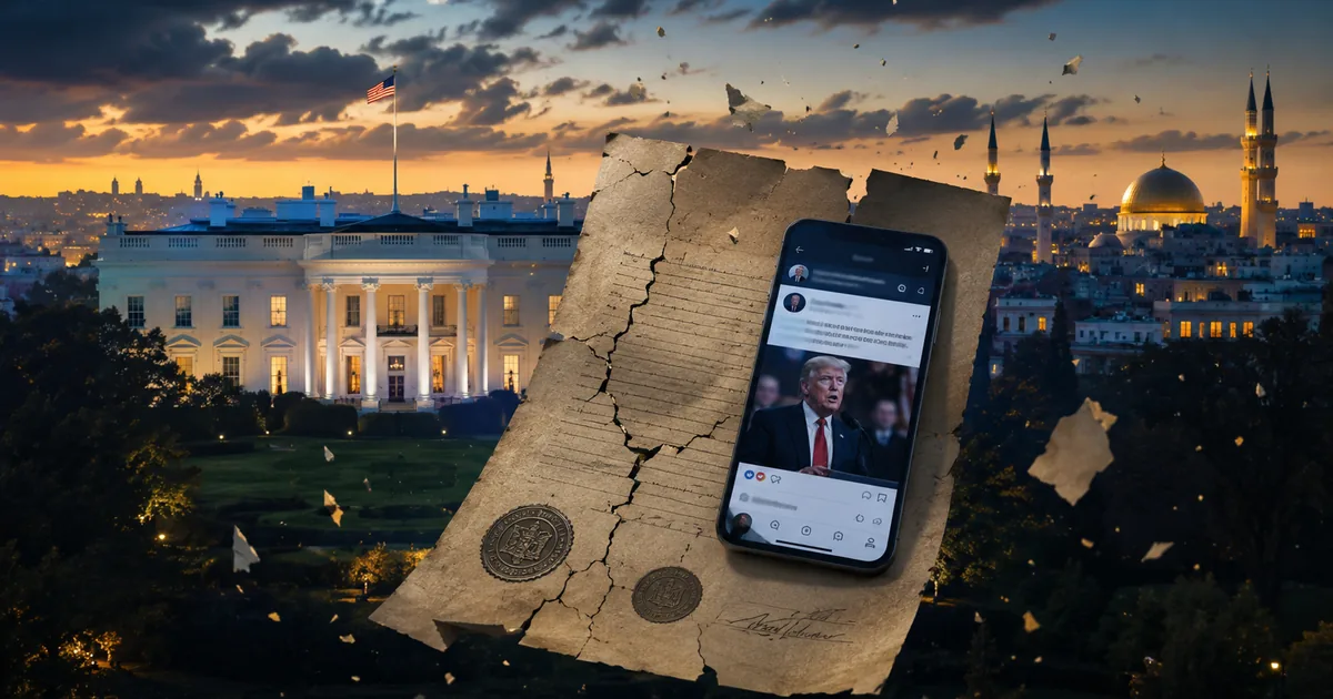 The White House at dusk with a cracked diplomatic treaty document and smartphone screen in the foreground, editorial news illustration