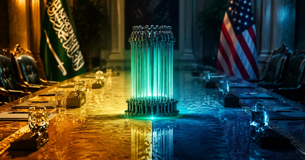 Diplomatic table split between Saudi Arabian and American flags with a glowing uranium fuel rod assembly at center