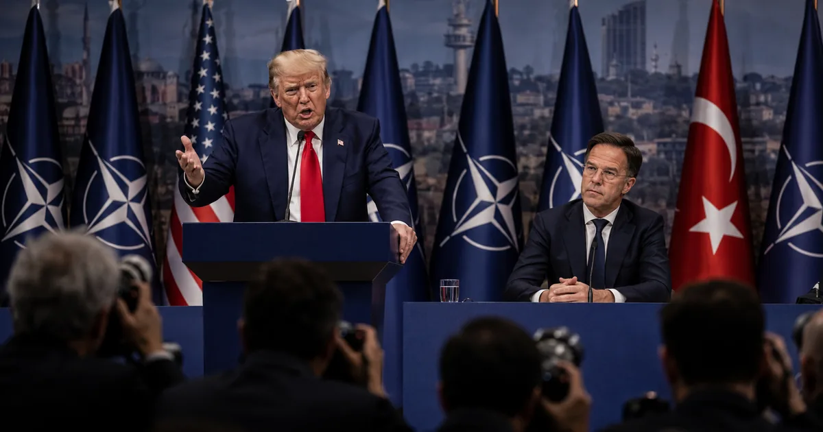 President Donald Trump speaks at a podium beside a seated NATO Secretary General Mark Rutte, with NATO, US and Turkish flags behind them and press photographers in the foreground